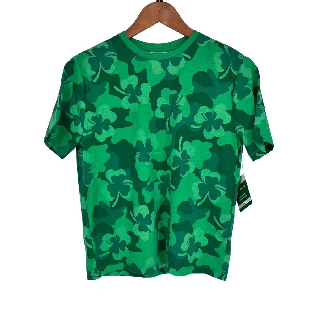 St Patricks Day Shamrock Camo T-Shirt Boys Large 10-12 Husky Green Festive Fun
